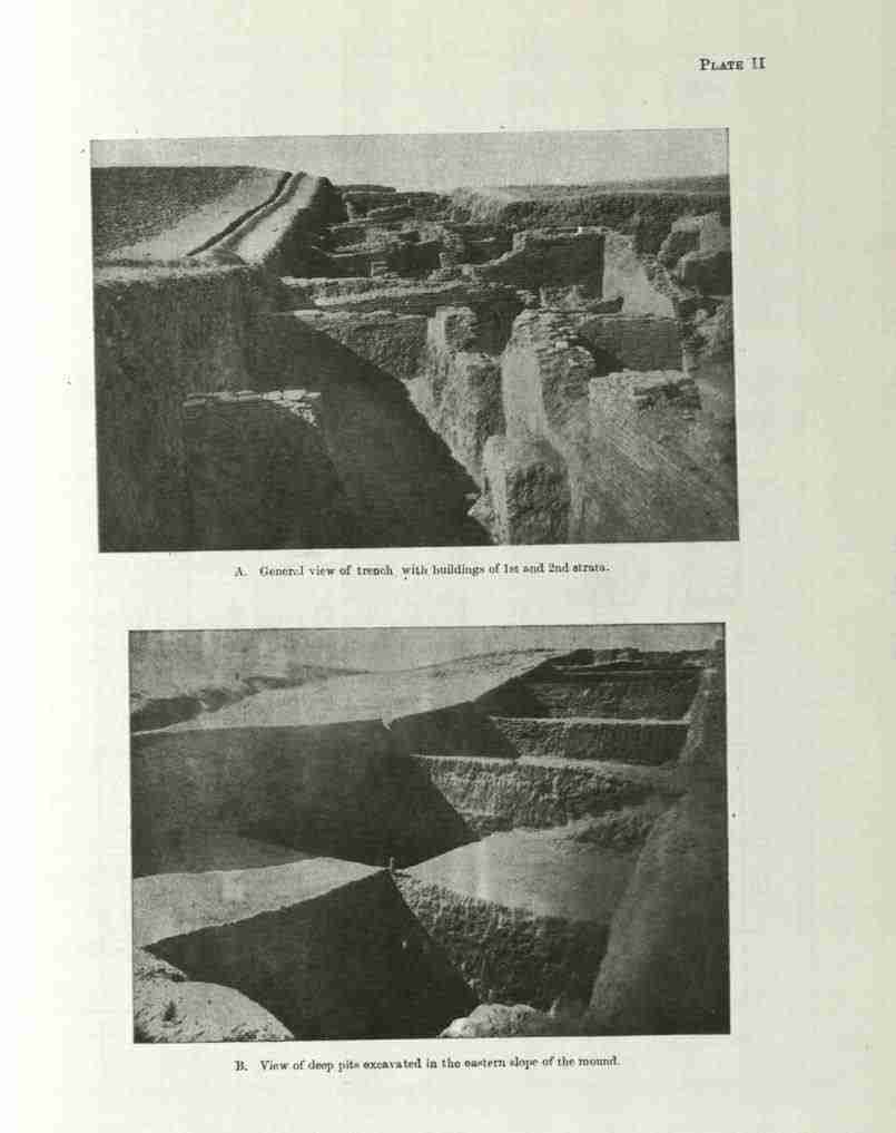 Two photographs of the 1938 Agroha excavation: a long trench cut across the mound exposing brick wall foundations, and a steep section of the eastern slope showing depths of ash and burning