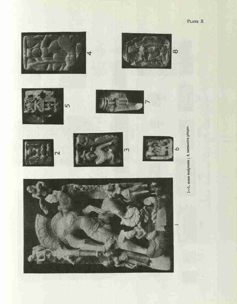 A plate showing eight stone sculpture fragments and a terracotta plaque from Agroha, including an enthroned figure on a Naga-supported lotus and several small panel sculptures