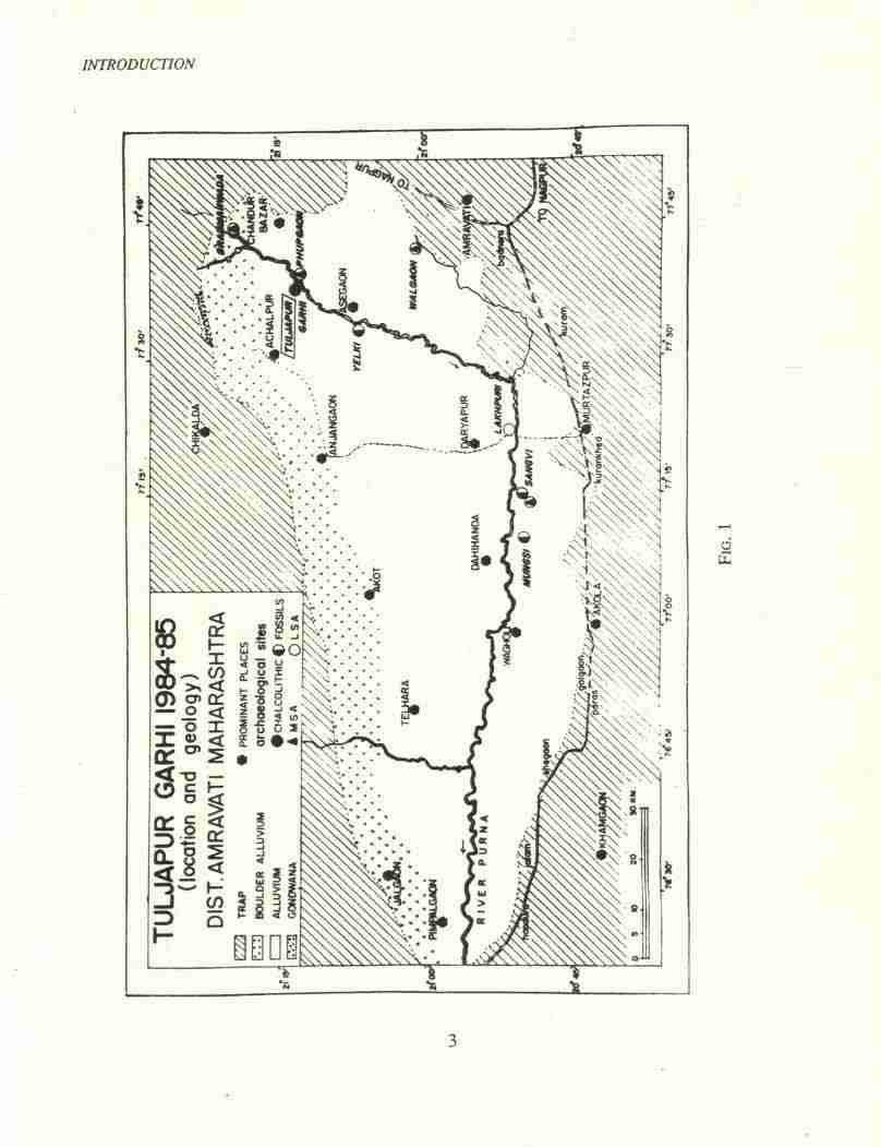 A geo-archaeological map of the Purna river basin showing Tuljapur Garhi alongside fossil sites, stone-age find spots, and the basalt-trap geology of Vidarbha